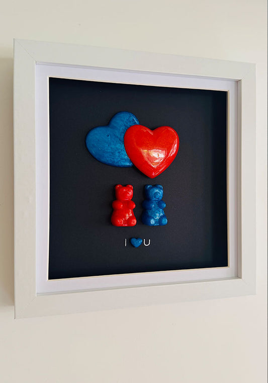 Red Meets Blue: Resin Bear Duo with Layered Hearts