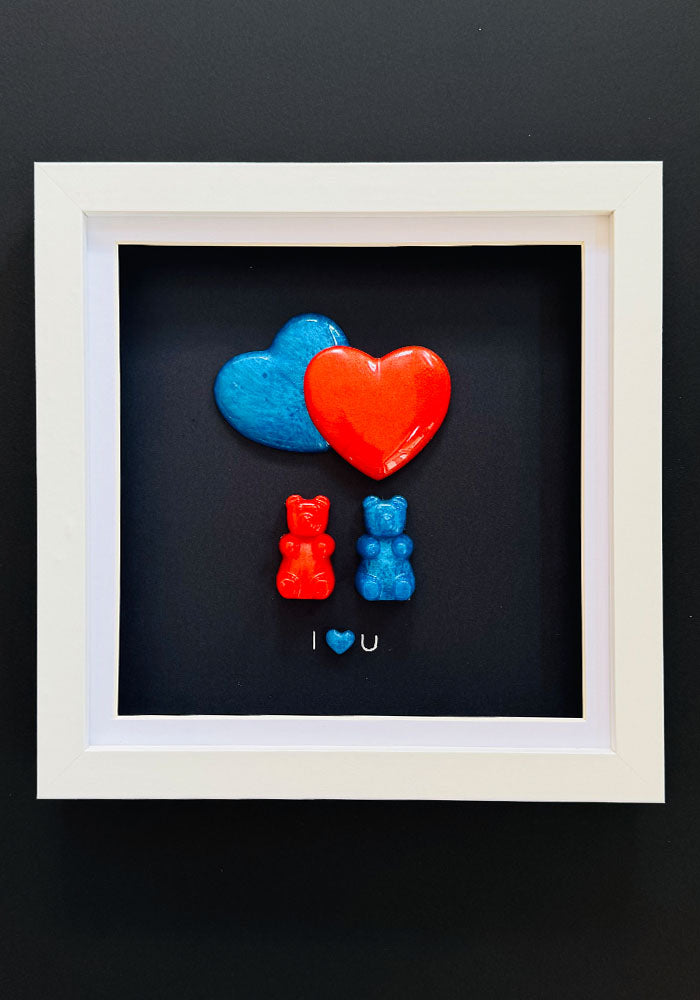 Red Meets Blue: Resin Bear Duo with Layered Hearts