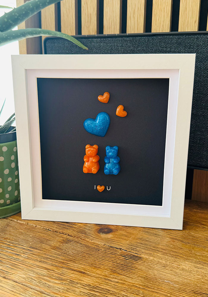 Tangerine & Blue Resin Gummy Bear Duo with Floating Hearts