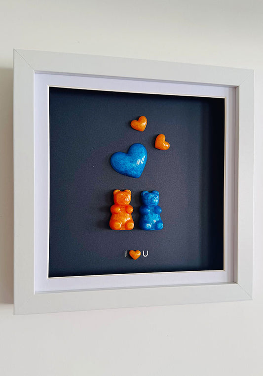 Tangerine & Blue Resin Gummy Bear Duo with Floating Hearts