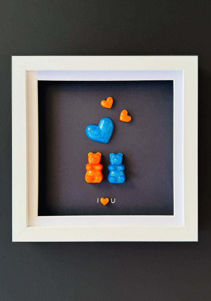 Tangerine & Blue Resin Gummy Bear Duo with Floating Hearts