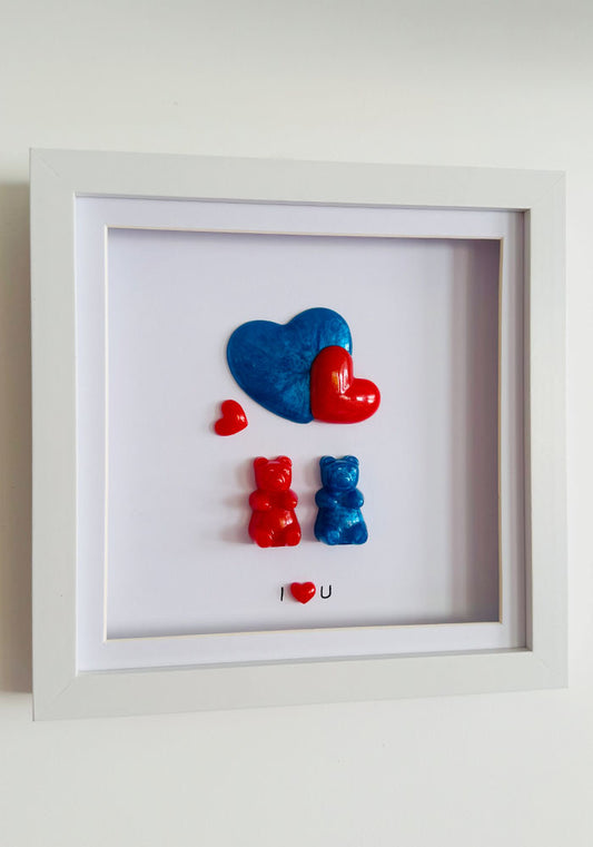 Red & Blue Resin Gummy Bear Couple with Intertwined Hearts