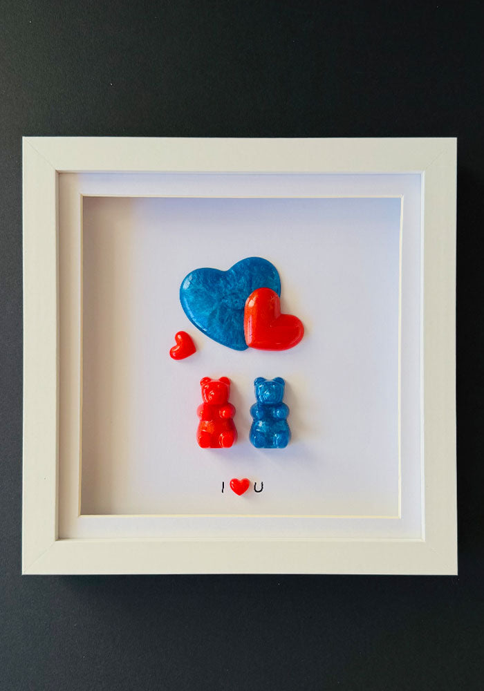 Red & Blue Resin Gummy Bear Couple with Intertwined Hearts