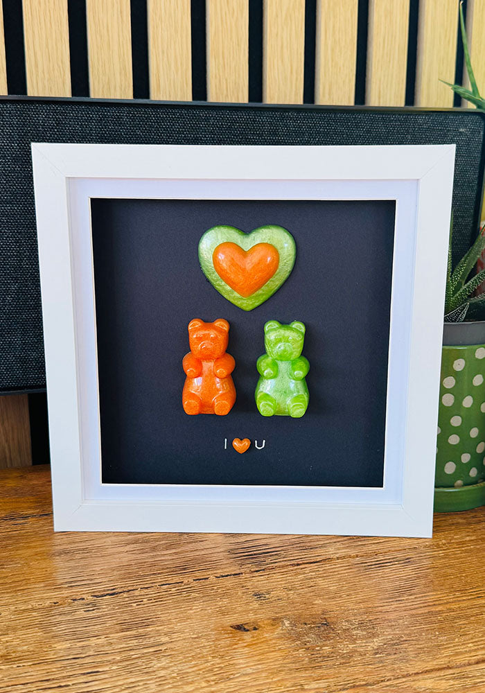 Tangerine & Zest: Resin Gummy Bear Duo with Encased Hearts