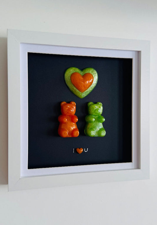 Tangerine & Zest: Resin Gummy Bear Duo with Encased Hearts