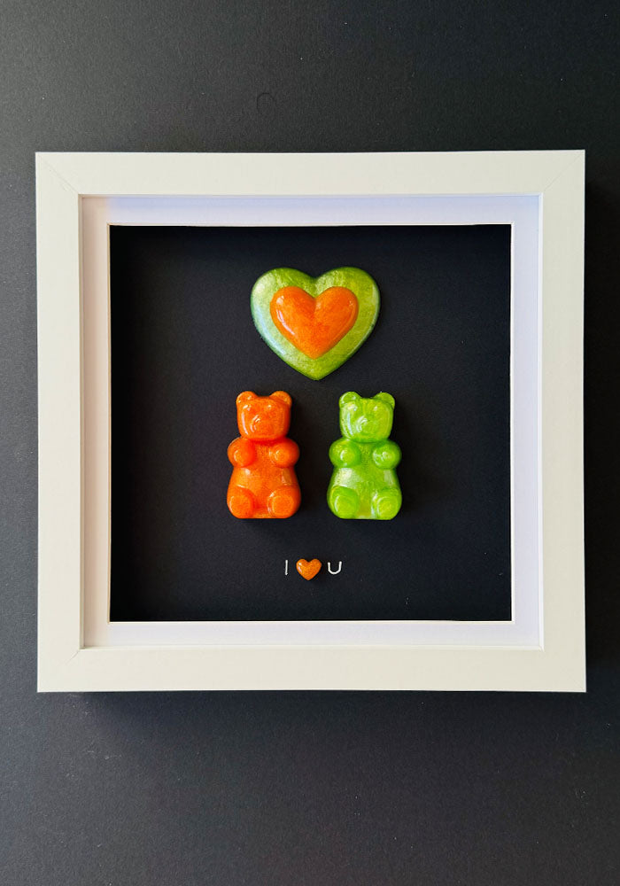 Tangerine & Zest: Resin Gummy Bear Duo with Encased Hearts