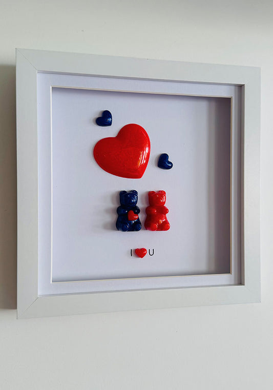 True Colours: Red & Navy Resin Bear Duo with Floating Hearts