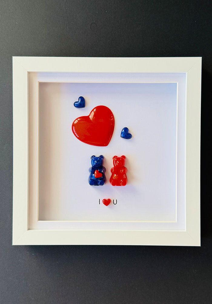 True Colours: Red & Navy Resin Bear Duo with Floating Hearts