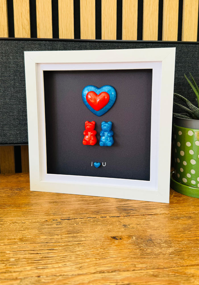 Framed Resin Art with Red & Blue Heart Duo