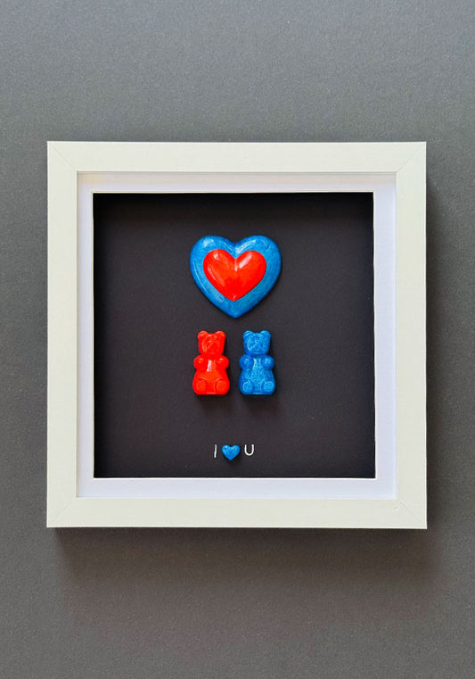 Framed Resin Art with Red & Blue Heart Duo
