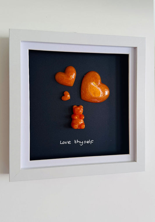 Love Thyself: Amber Resin Bear with Floating Hearts