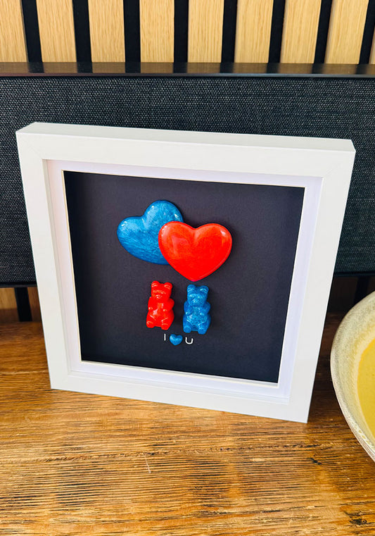 Red Meets Blue: Resin Bear Duo with Layered Hearts
