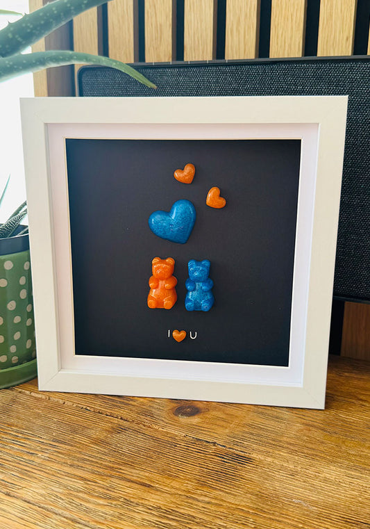 Tangerine & Blue Resin Gummy Bear Duo with Floating Hearts
