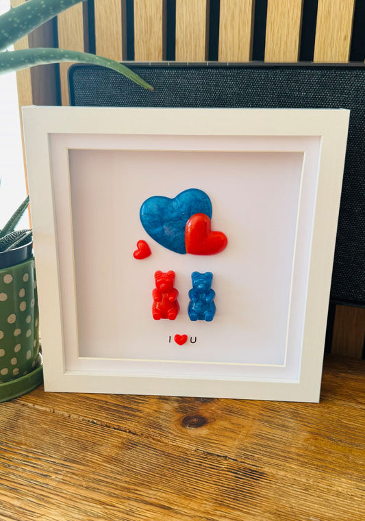 Red & Blue Resin Gummy Bear Couple with Intertwined Hearts